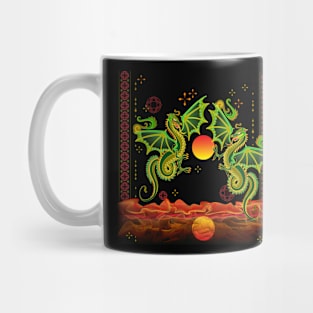 Fantastic dragons flying between flame waves. Mug